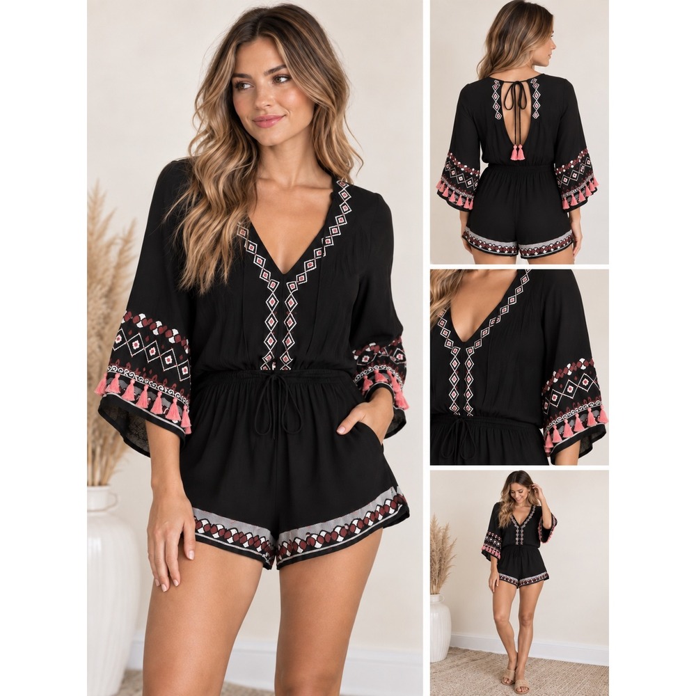Lulus Black Embroidered Tassel Romper Bell Sleeve Boho Festival Cutout Back L
